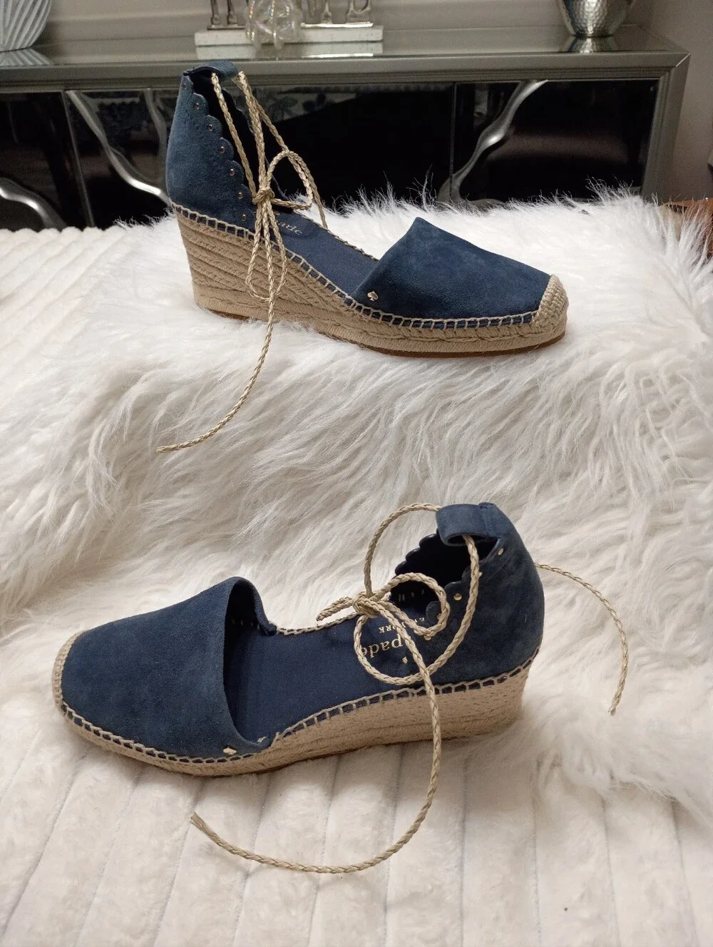 kate spade New York Polly Blazer Blue Suede Espadrille Wedge Lace-Up Shoes Flaw